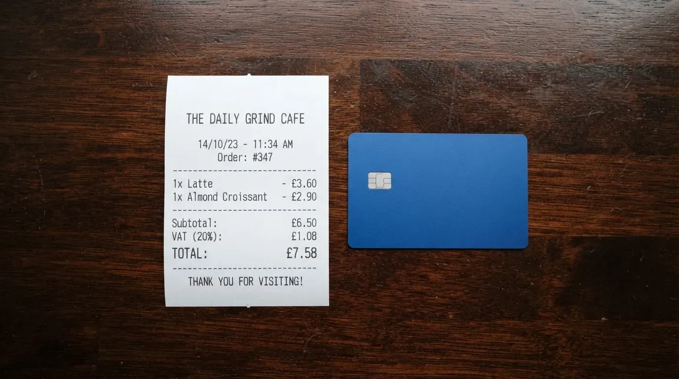 A receipt and a card on a café table
