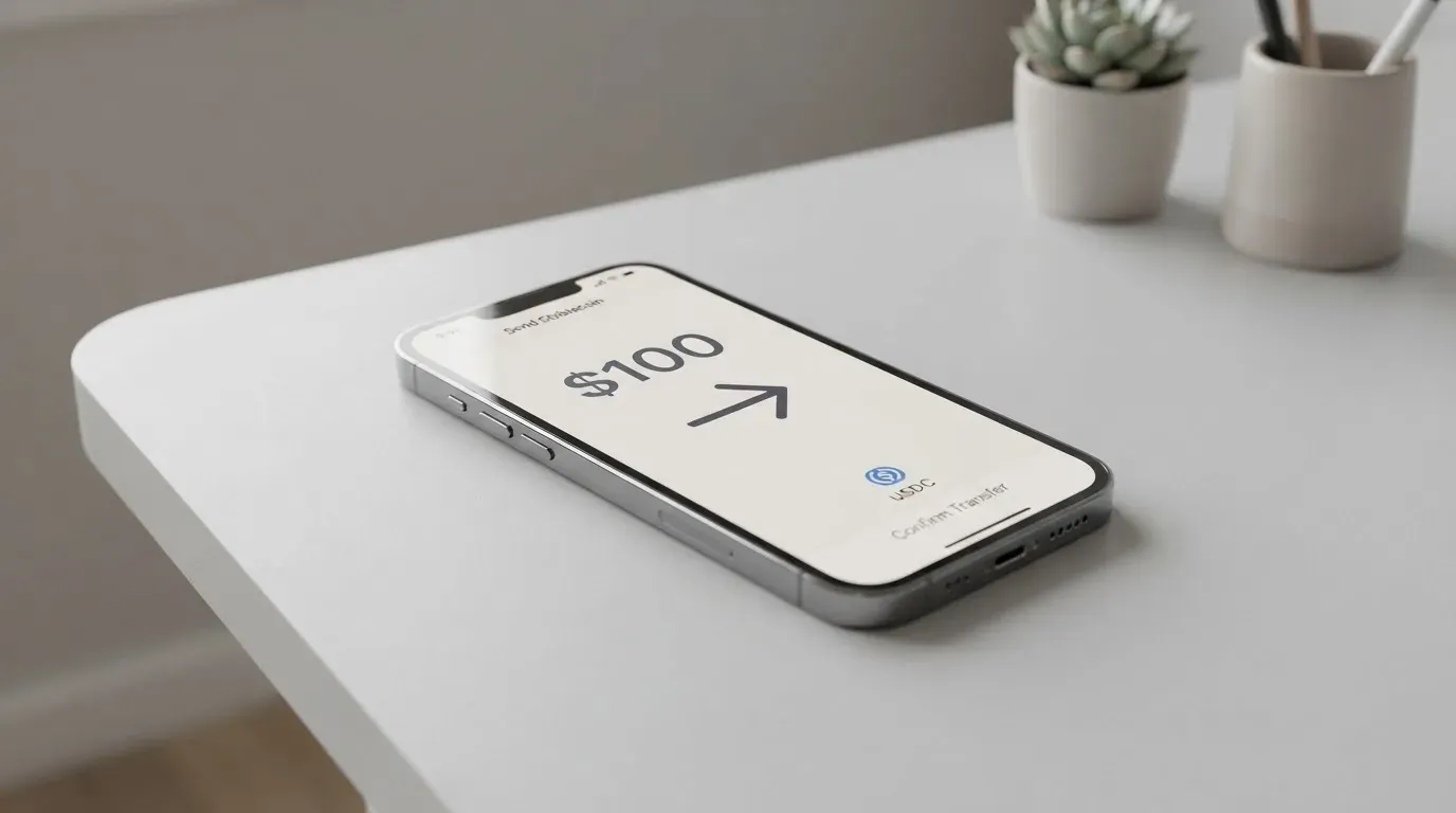 A phone showing a stablecoin transfer screen