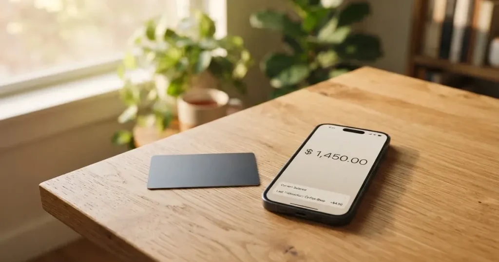 A payment card next to a phone with a crypto wallet app open