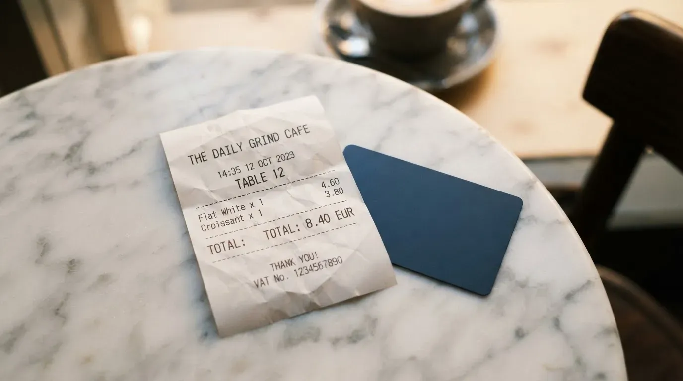 A receipt and a card on a café table