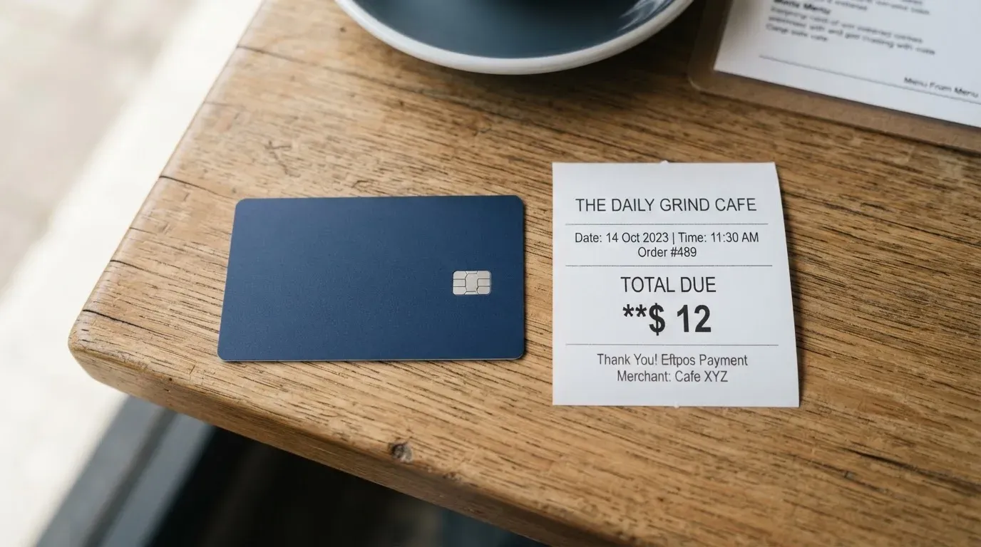 A receipt and a card on a café table