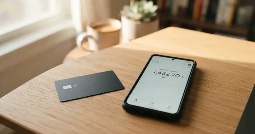 A payment card next to a phone with a crypto wallet app open