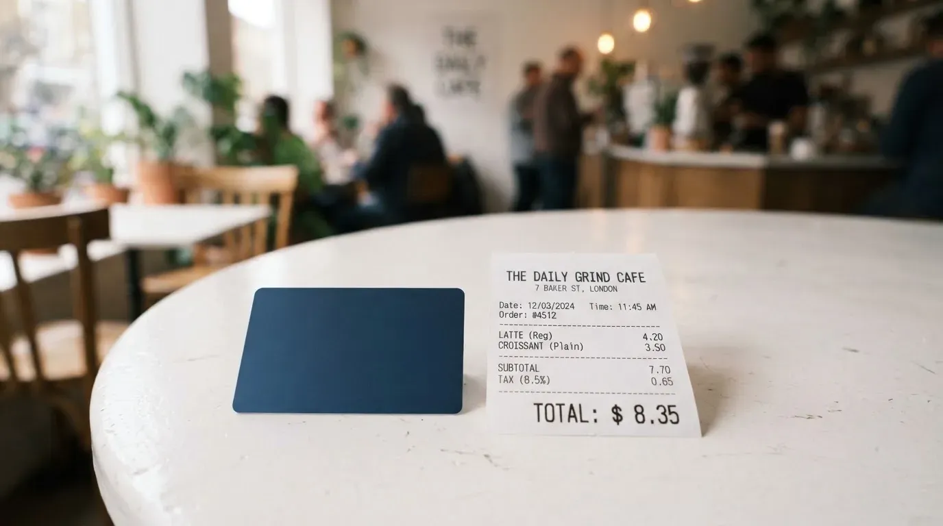 A receipt and a card on a café table