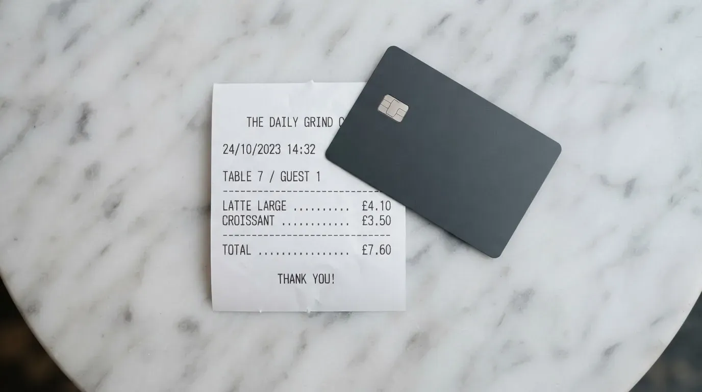 A receipt and a card on a café table