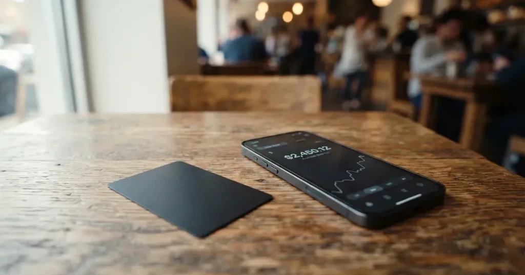 A payment card next to a phone with a crypto wallet app open