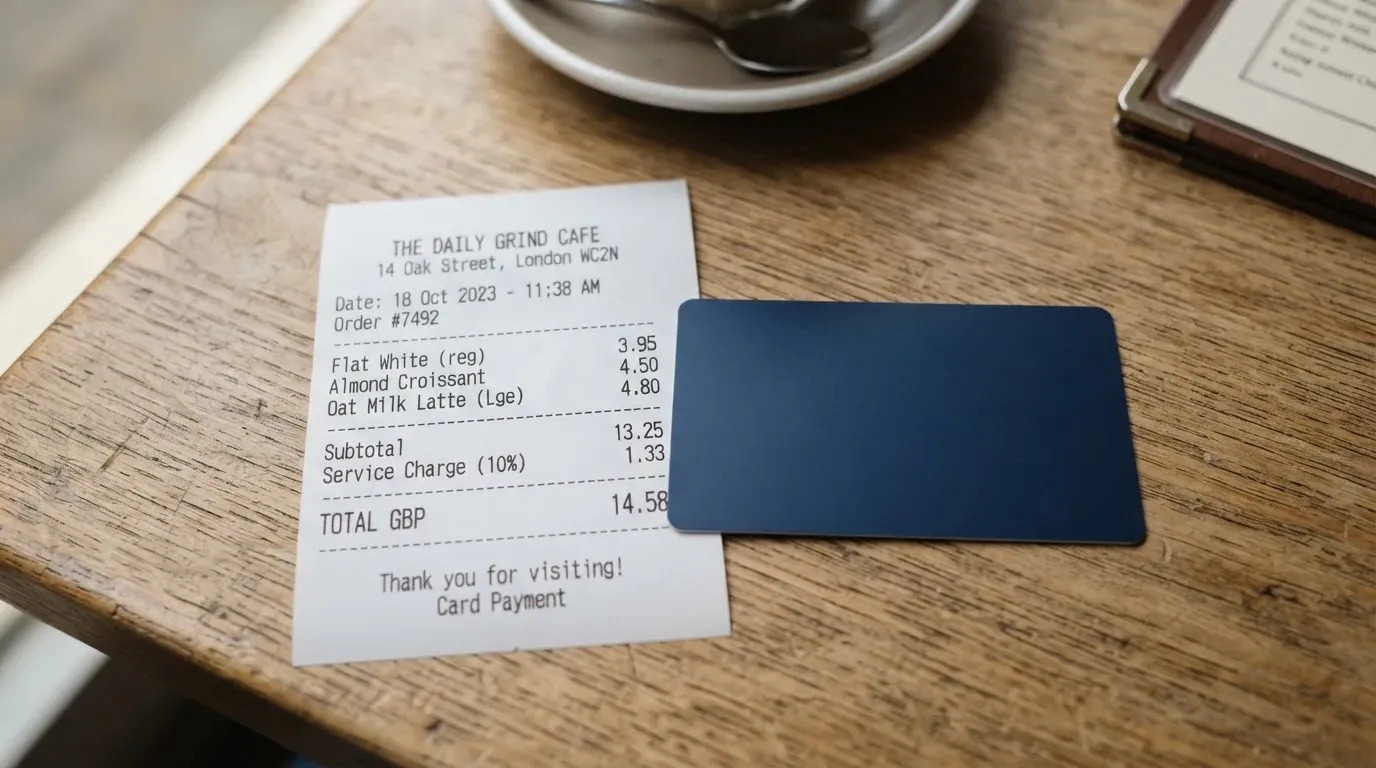 A receipt and a card on a café table