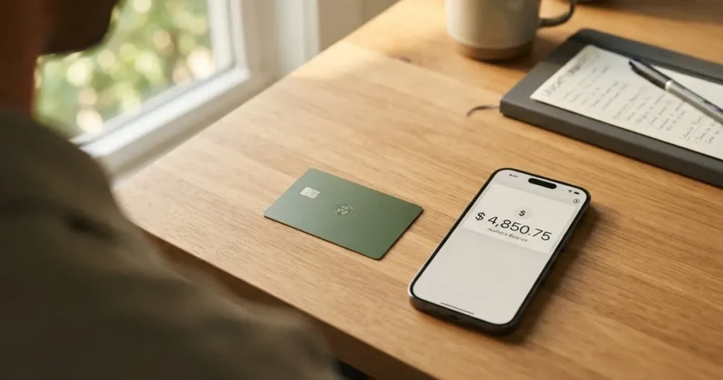 A payment card next to a phone with a crypto wallet app open