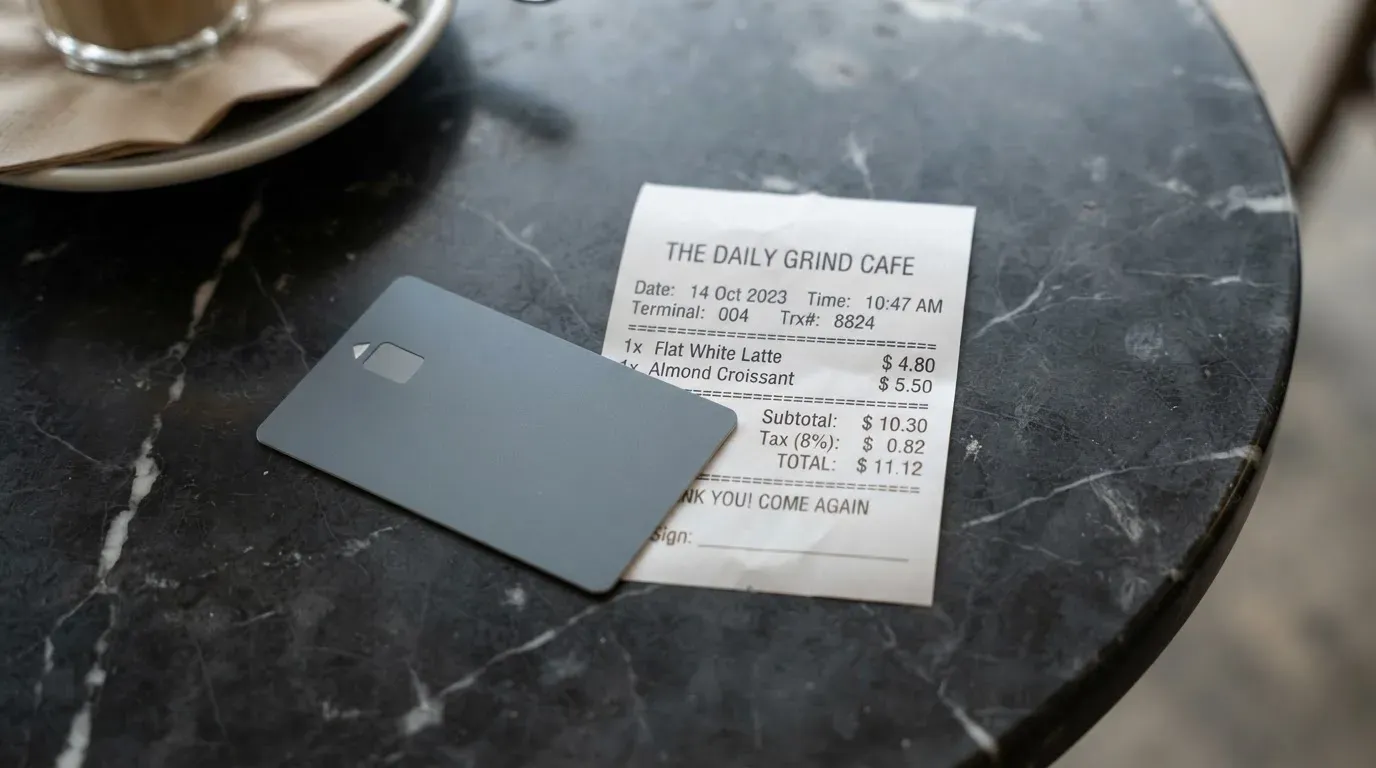 A receipt and a card on a café table