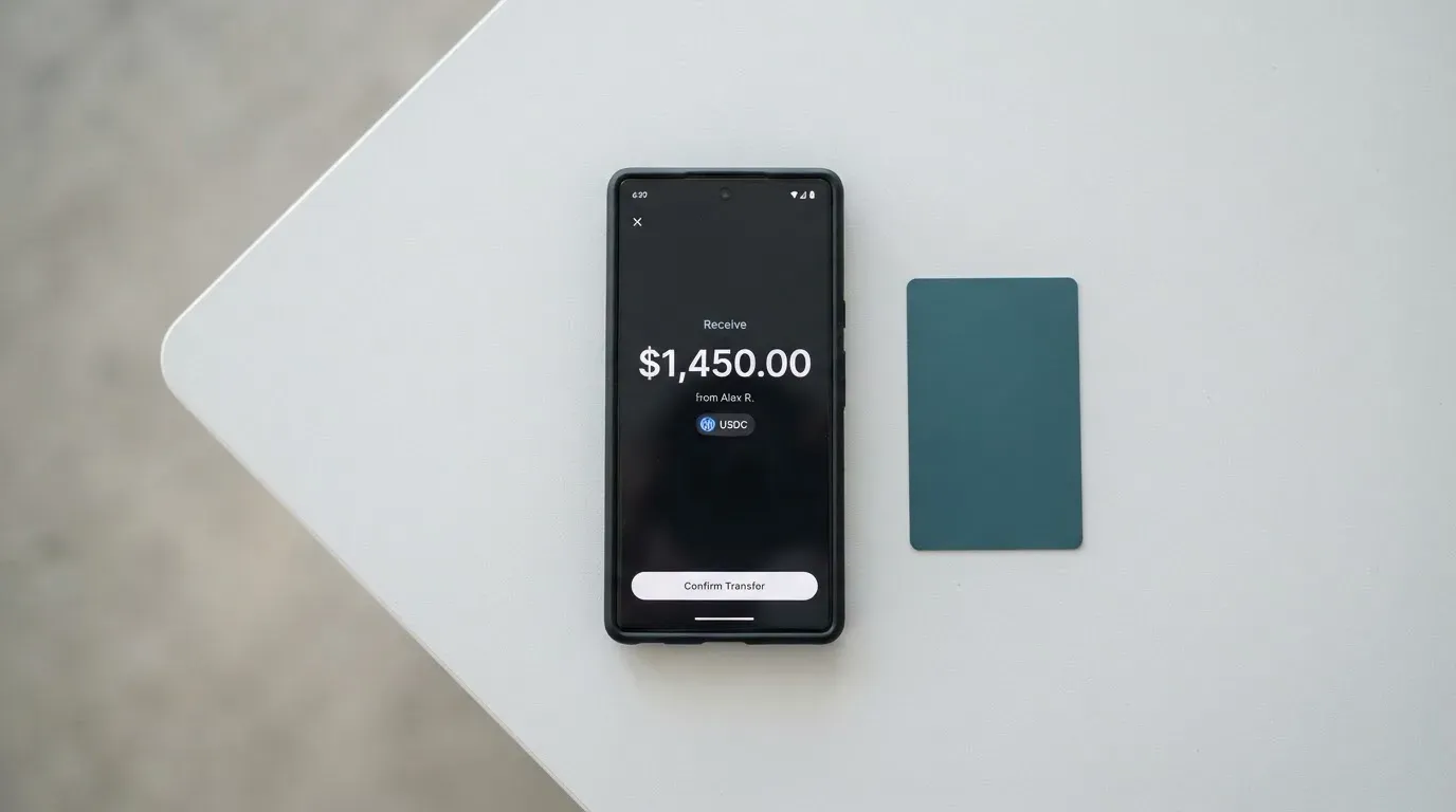 A phone showing a stablecoin transfer screen
