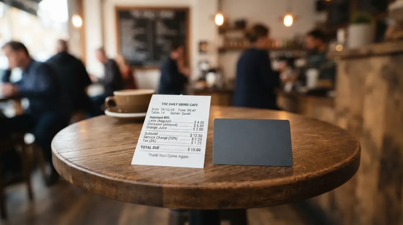 A receipt and a card on a café table