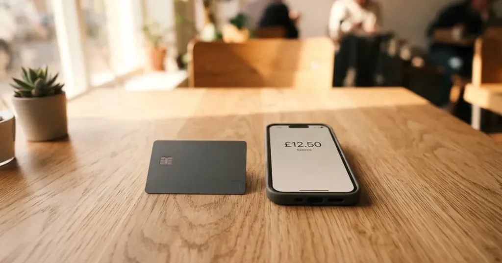 A payment card next to a phone with a crypto wallet app open