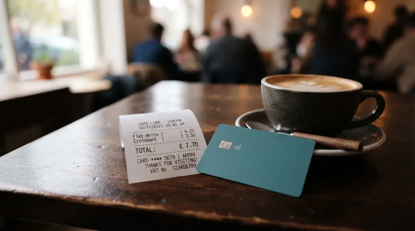 A receipt and a card on a café table