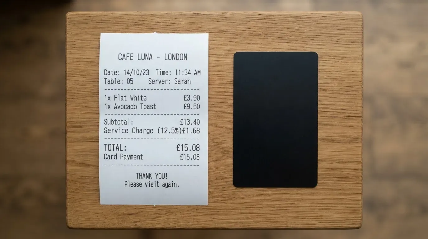 A receipt and a card on a café table