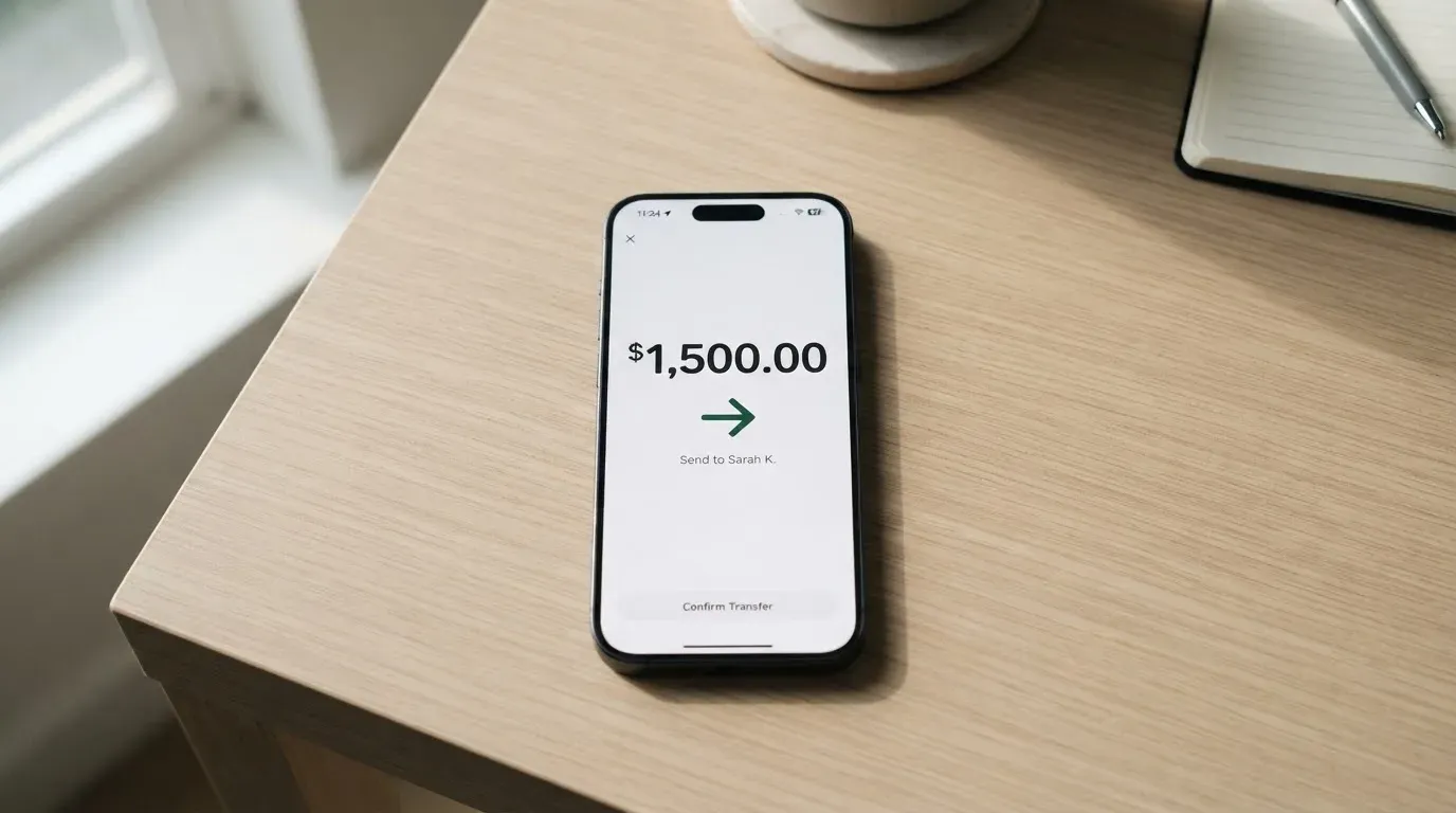 A phone showing a stablecoin transfer screen