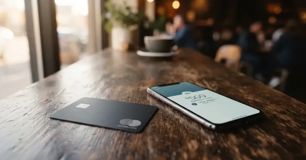 A payment card next to a phone with a crypto wallet app open