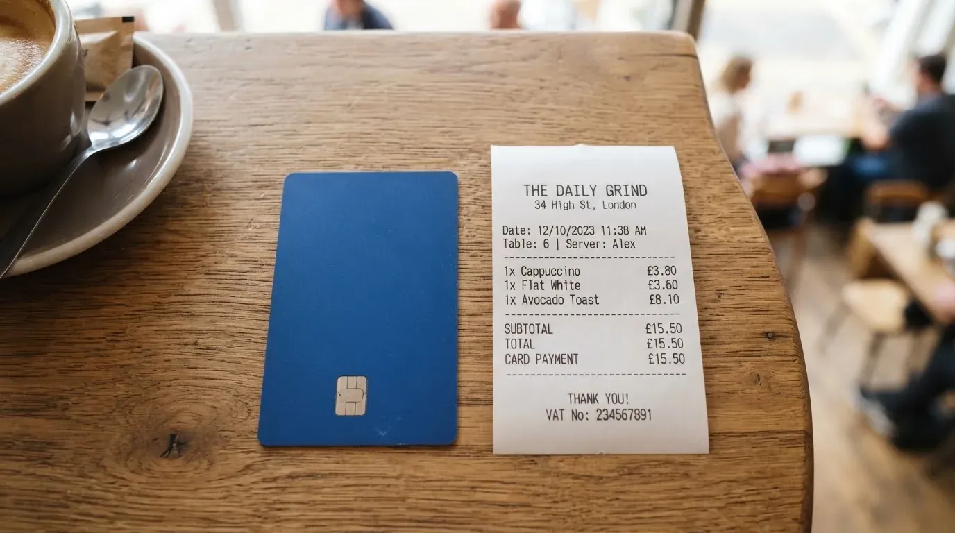 A receipt and a card on a café table