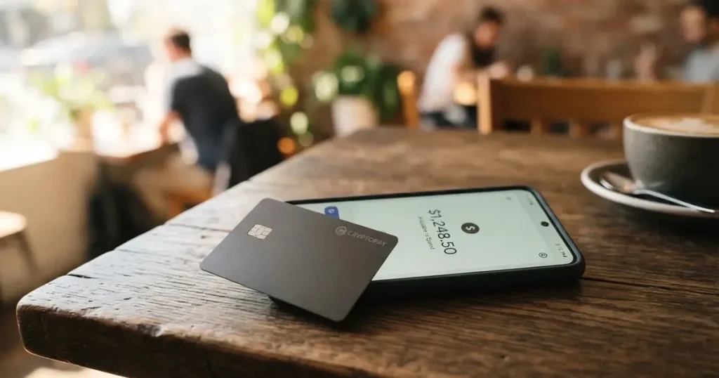 A payment card next to a phone with a crypto wallet app open
