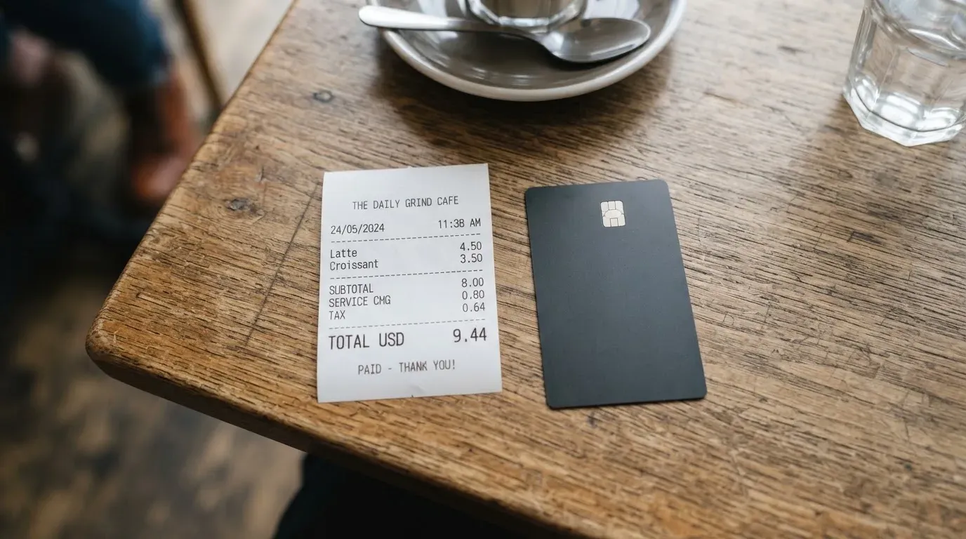 A receipt and a card on a café table