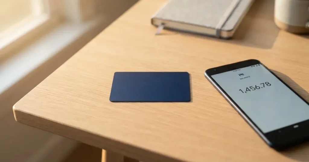 A payment card next to a phone with a crypto wallet app open