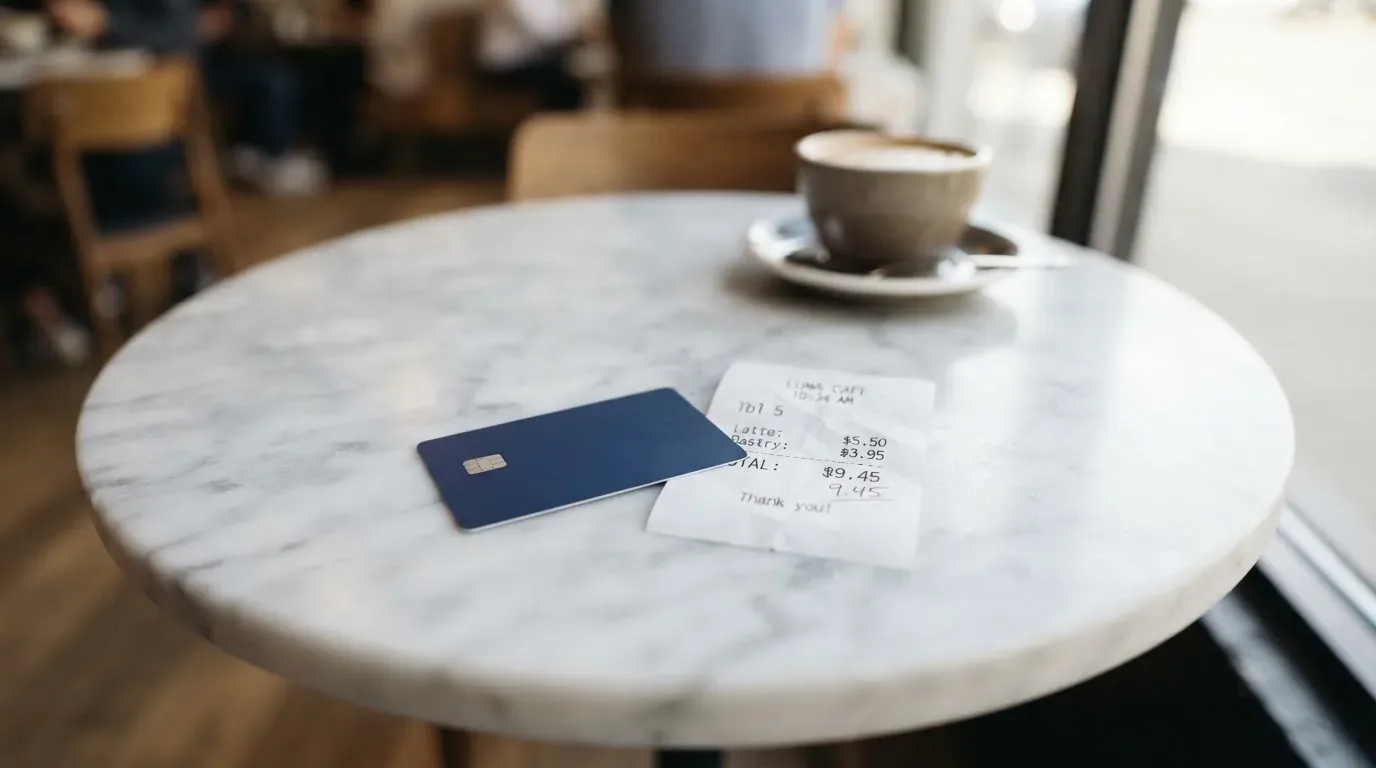 A receipt and a card on a café table