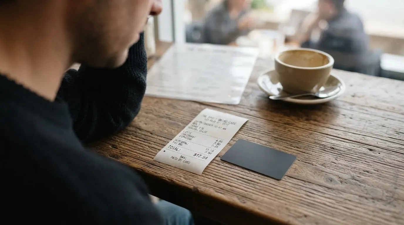 A receipt and a card on a café table