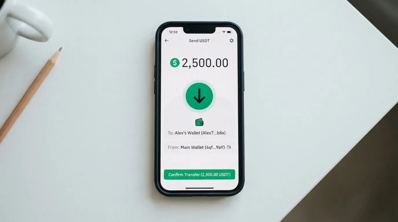 A phone showing a stablecoin transfer screen