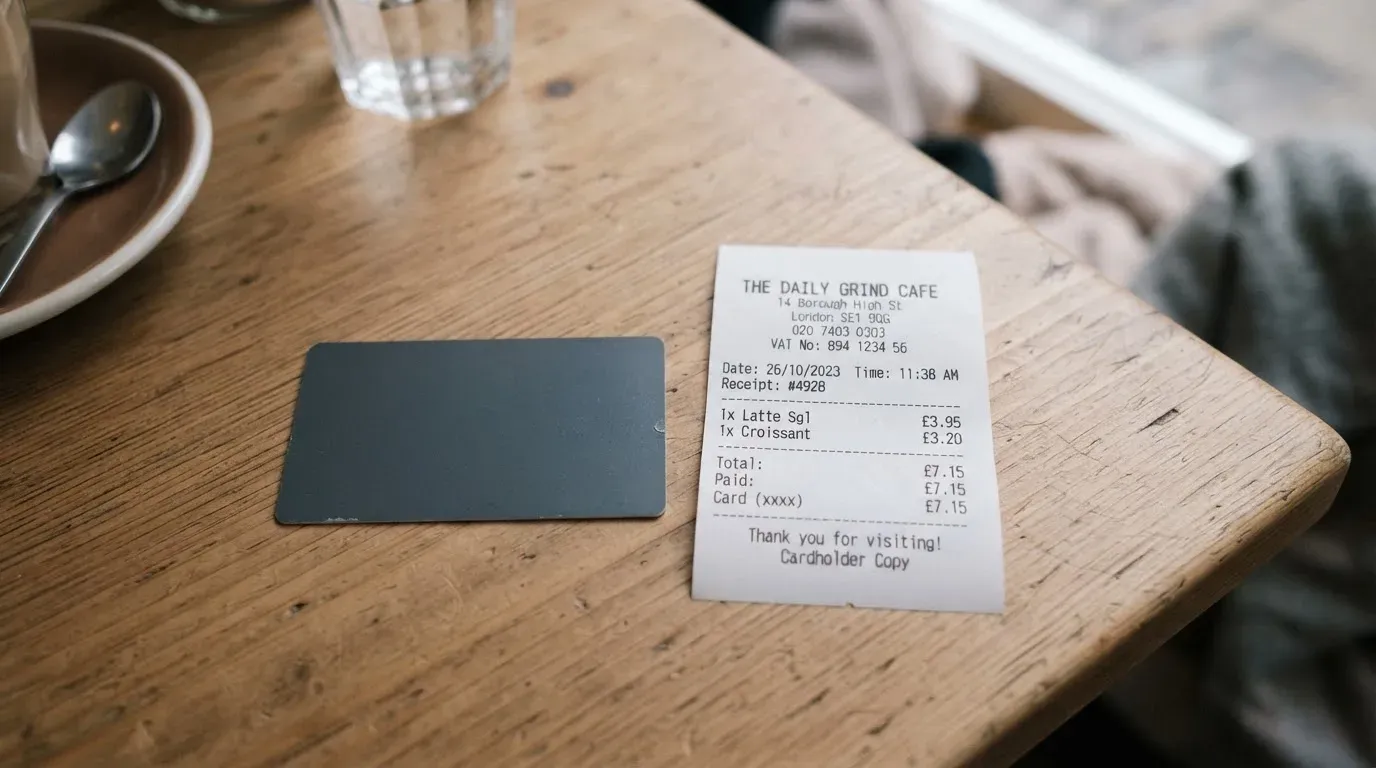 A receipt and a card on a café table