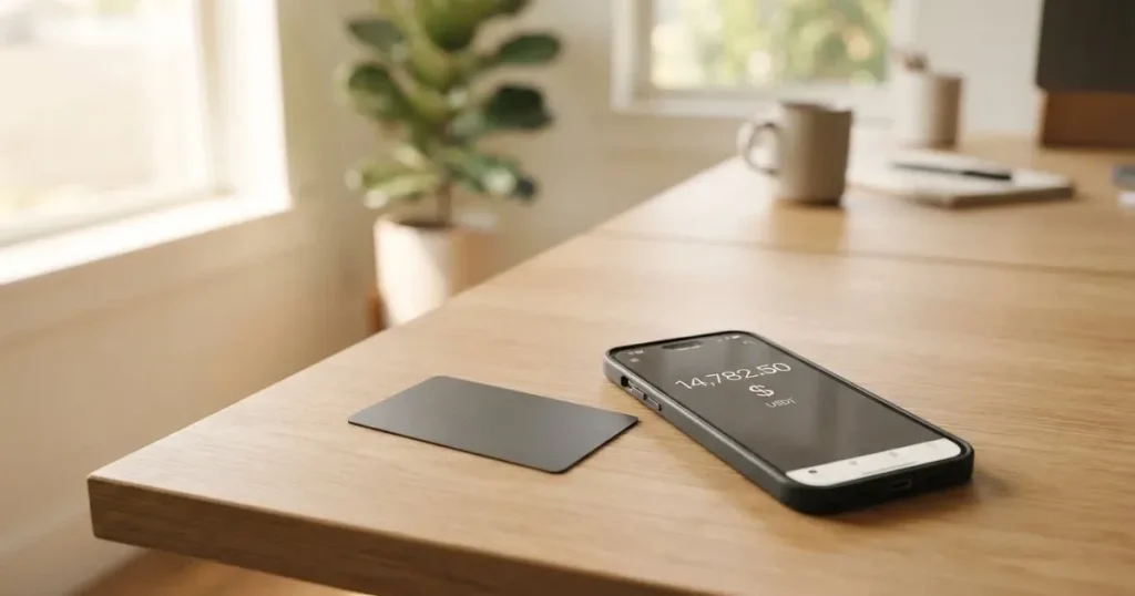 A payment card next to a phone with a crypto wallet app open