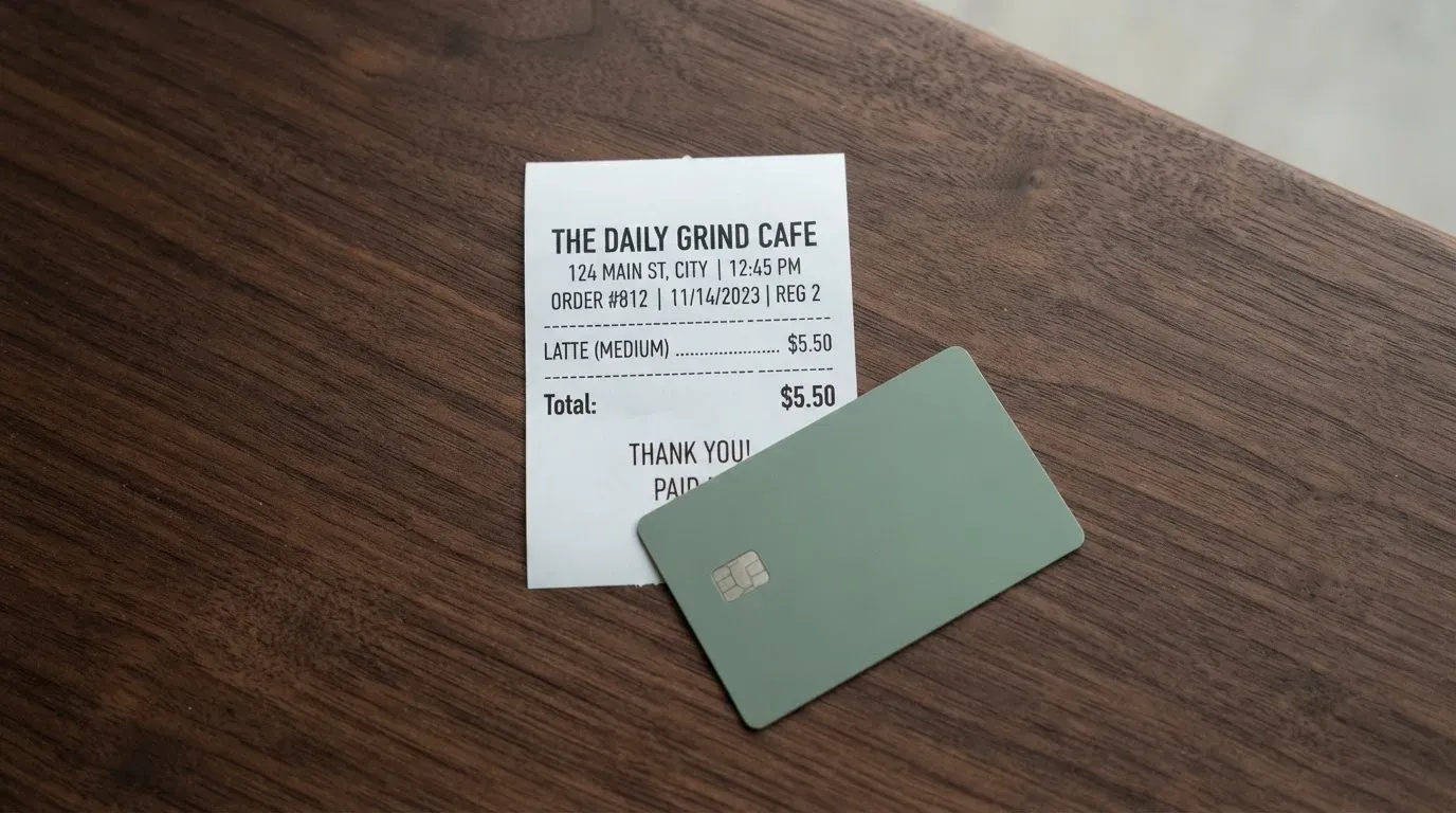 A receipt and a card on a café table