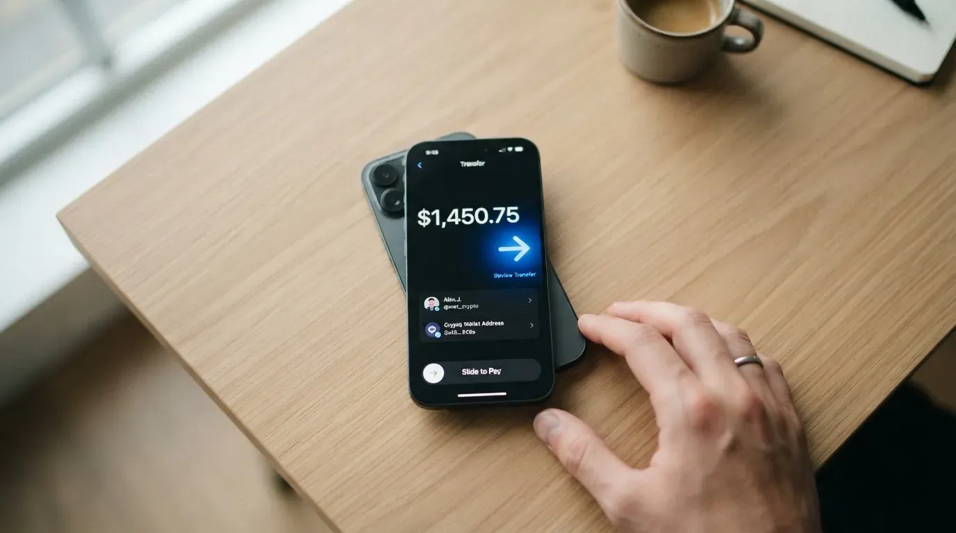A phone showing a stablecoin transfer screen