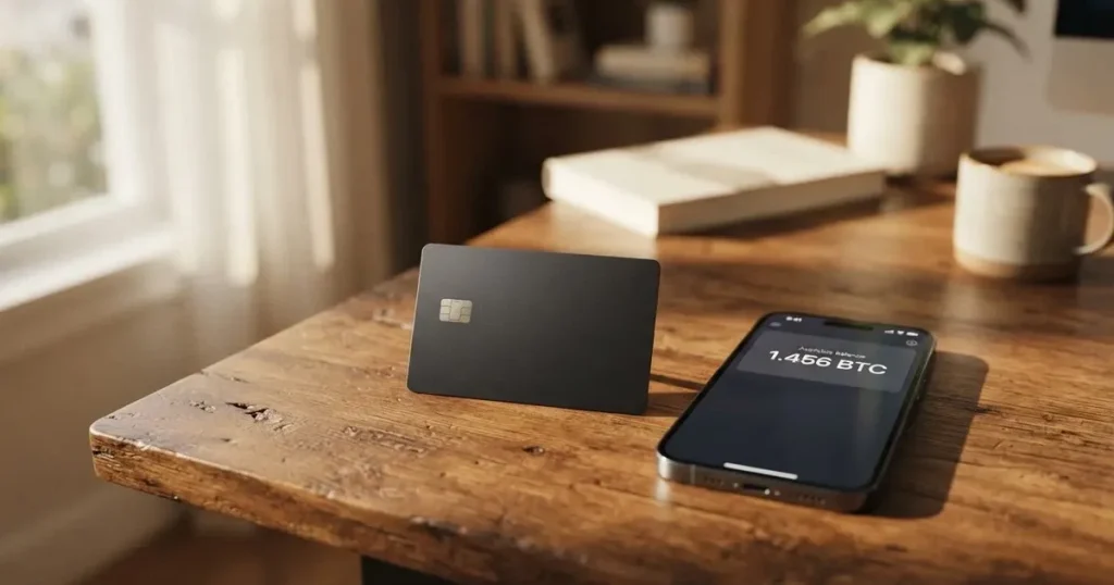 A payment card next to a phone with a crypto wallet app open