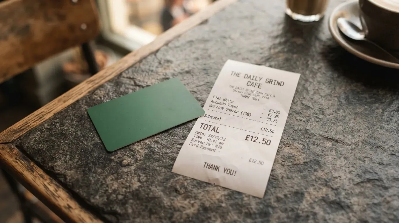 A receipt and a card on a café table