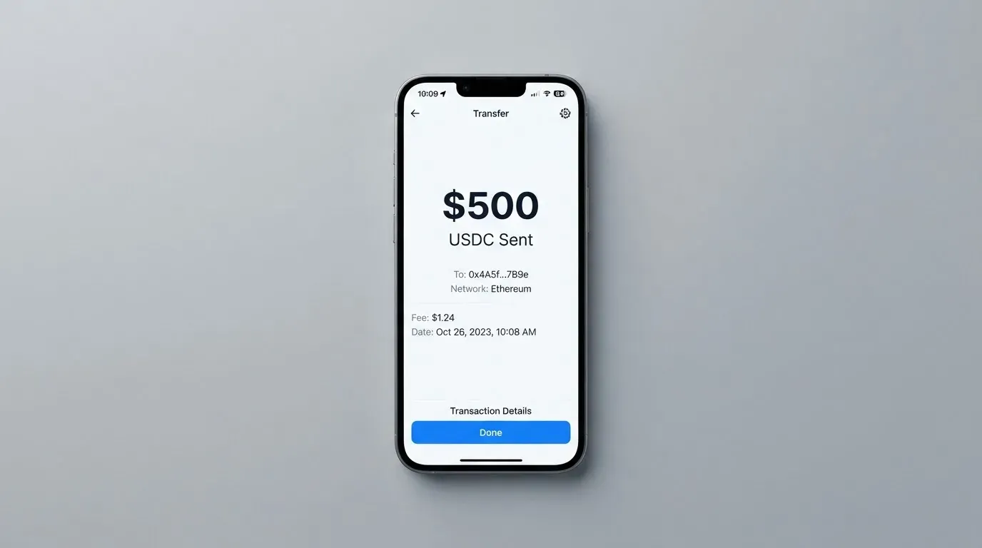 A phone showing a stablecoin transfer screen
