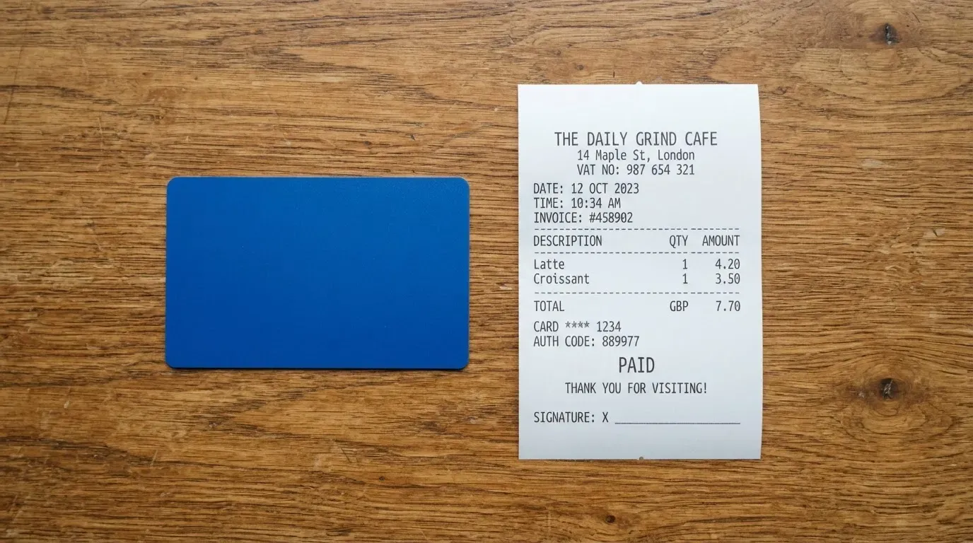 A receipt and a card on a café table