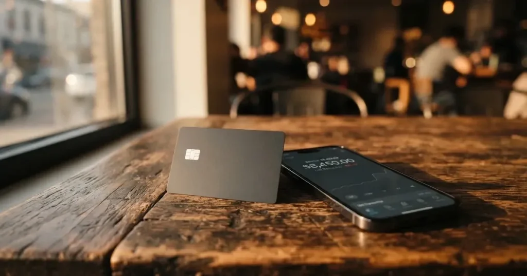 A payment card next to a phone with a crypto wallet app open
