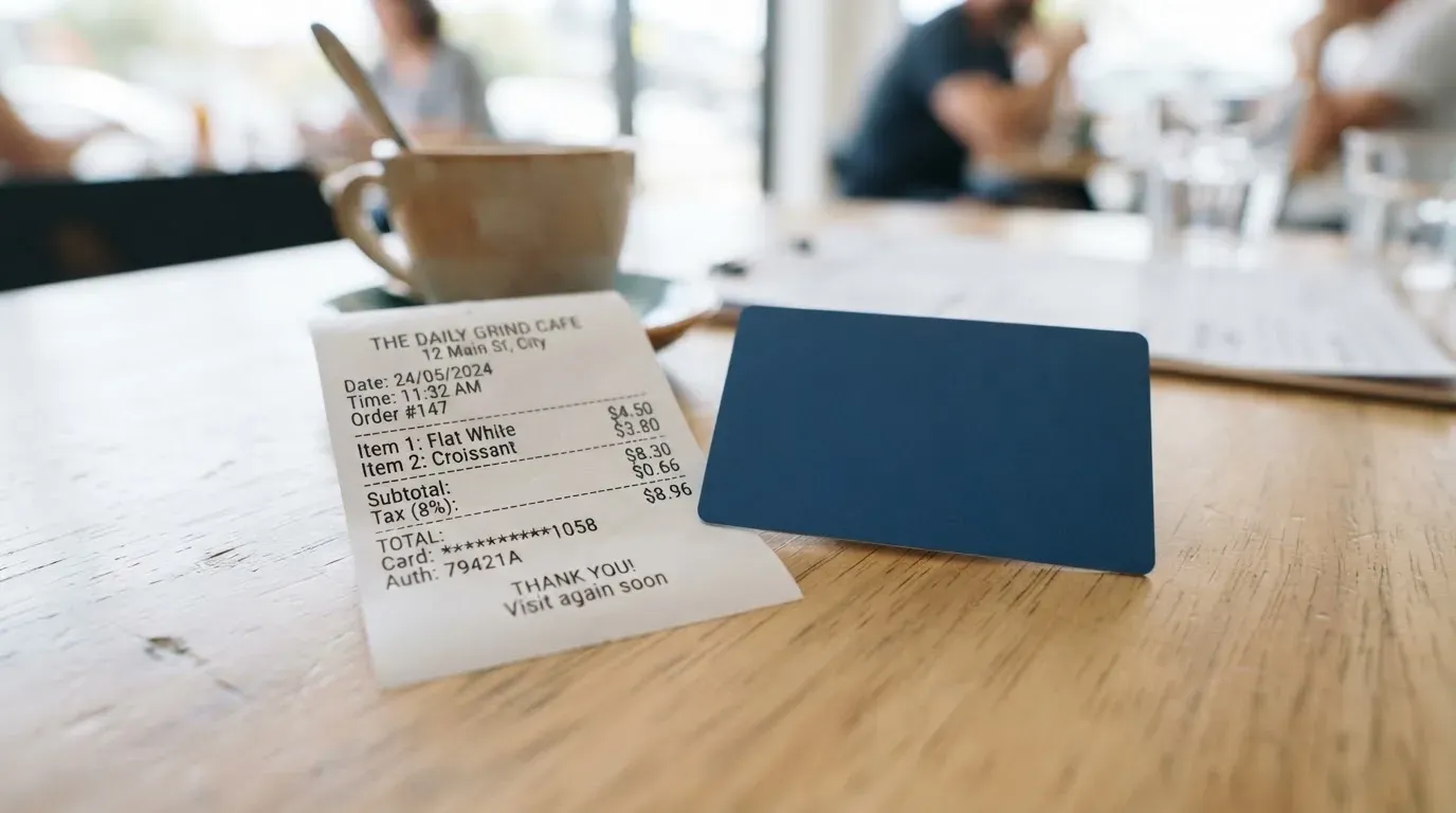 A receipt and a card on a café table