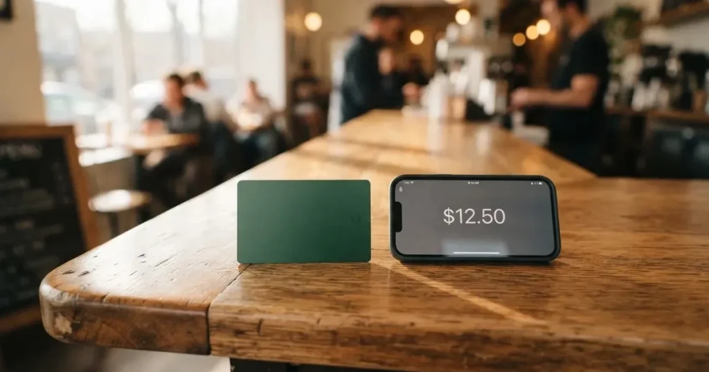 A payment card next to a phone with a crypto wallet app open