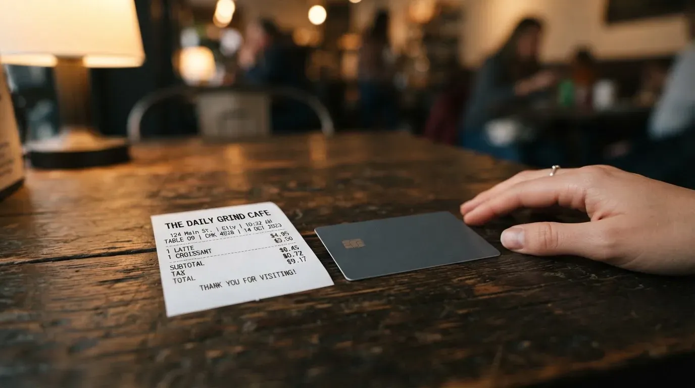 A receipt and a card on a café table