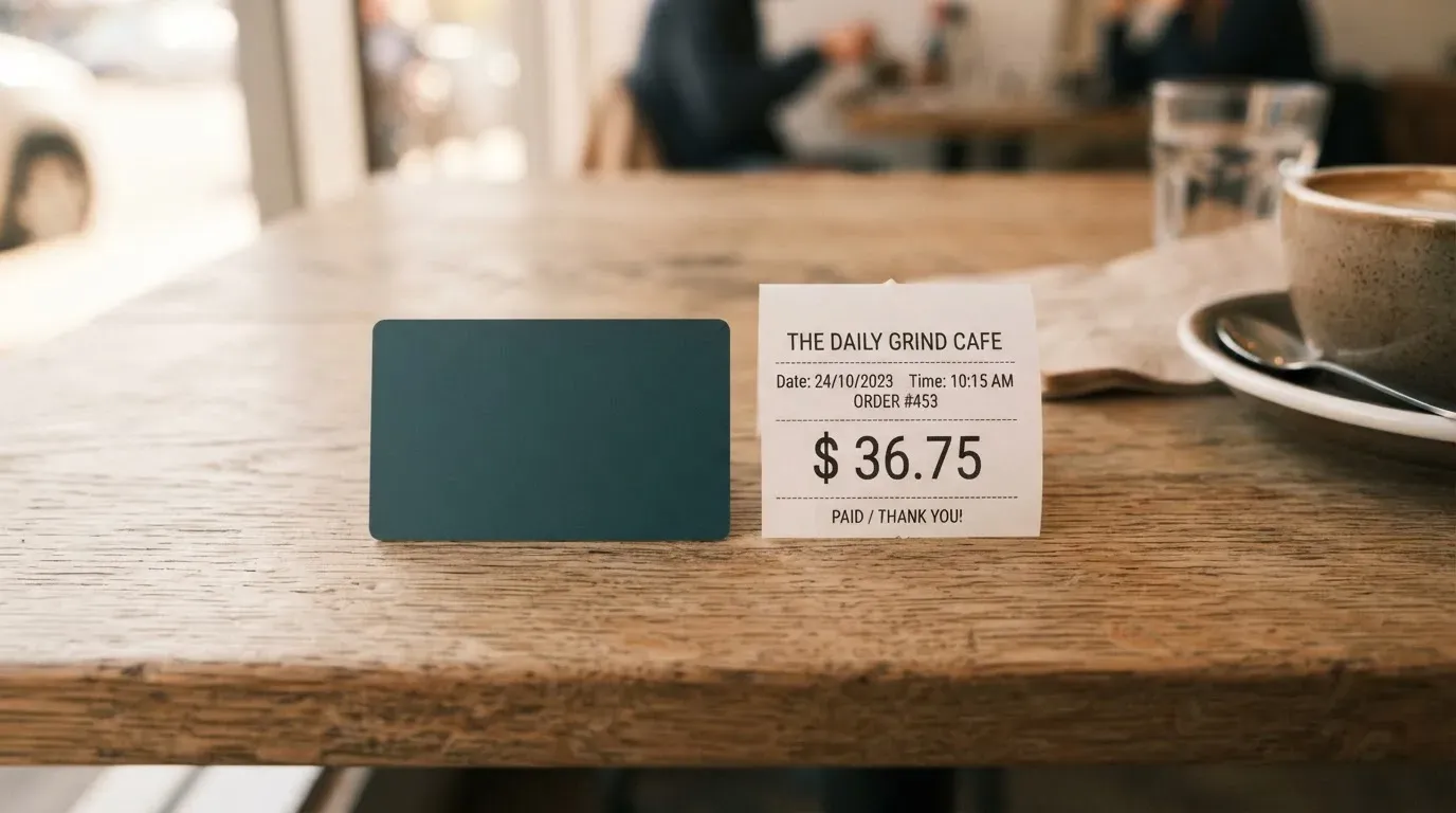 A receipt and a card on a café table