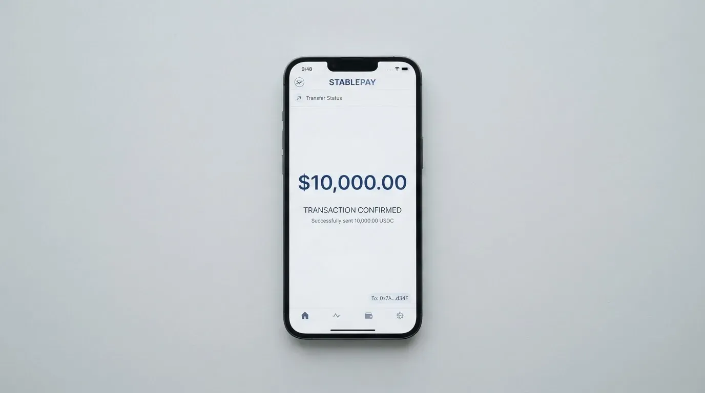 A phone showing a stablecoin transfer screen