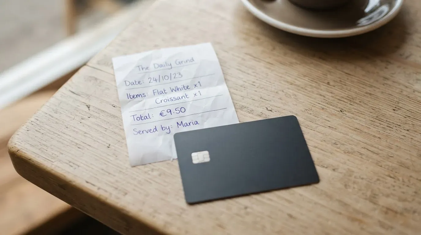 A receipt and a card on a café table