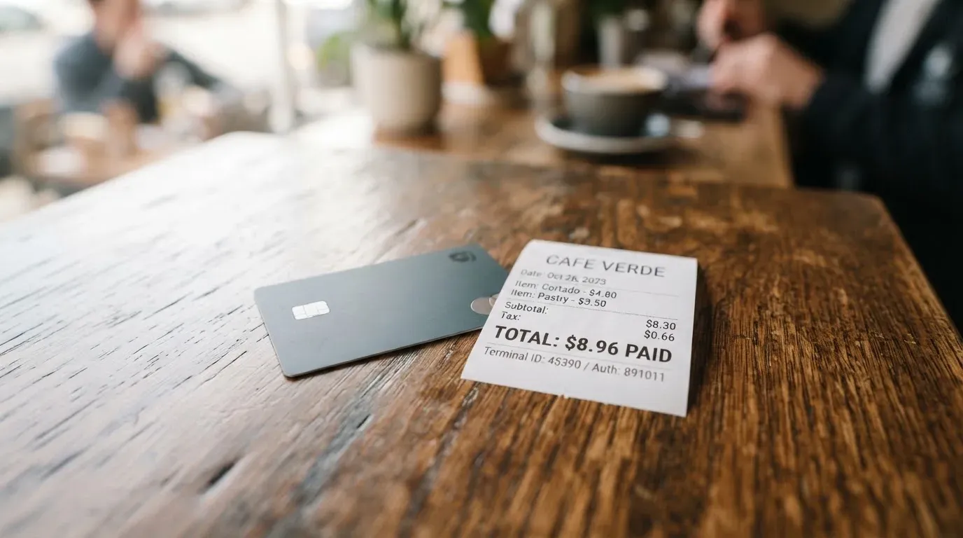 A receipt and a card on a café table