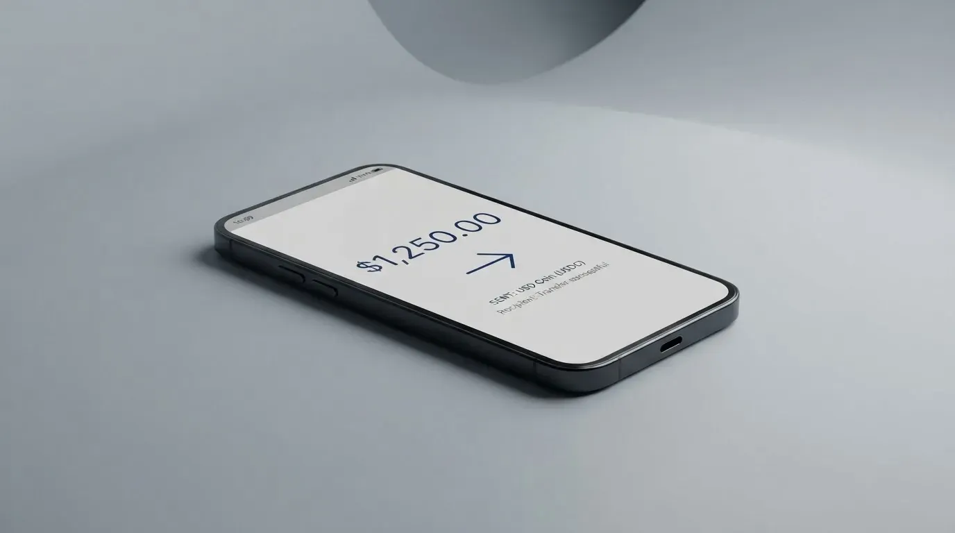 A phone showing a stablecoin transfer screen