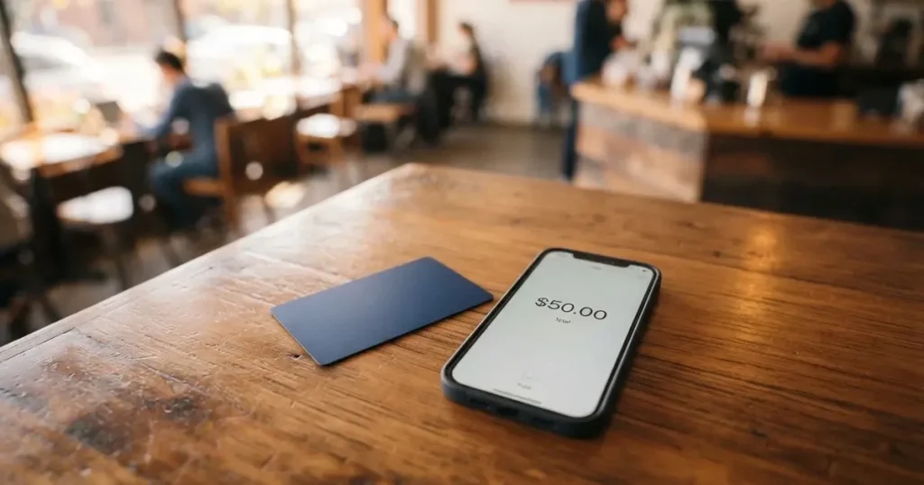 A payment card next to a phone with a crypto wallet app open