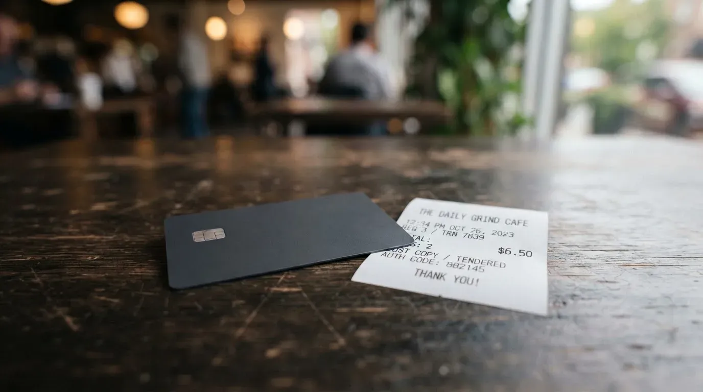 A receipt and a card on a café table
