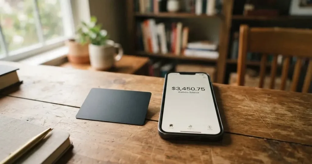 A payment card next to a phone with a crypto wallet app open