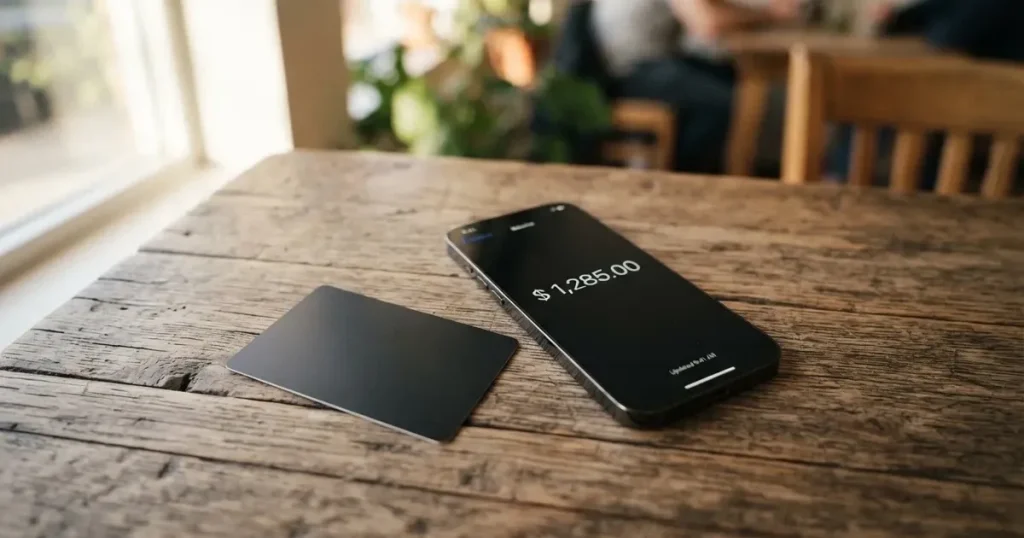 A payment card next to a phone with a crypto wallet app open