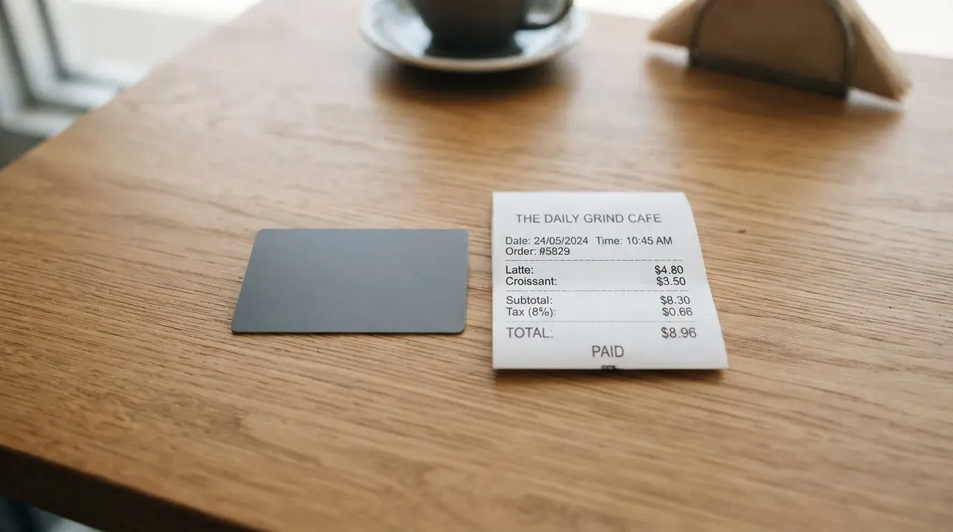 A receipt and a card on a café table