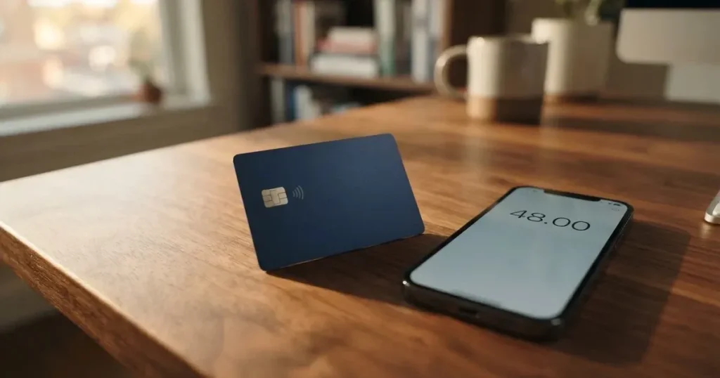A payment card next to a phone with a crypto wallet app open