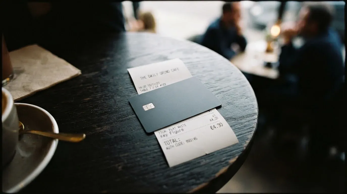 A receipt and a card on a café table